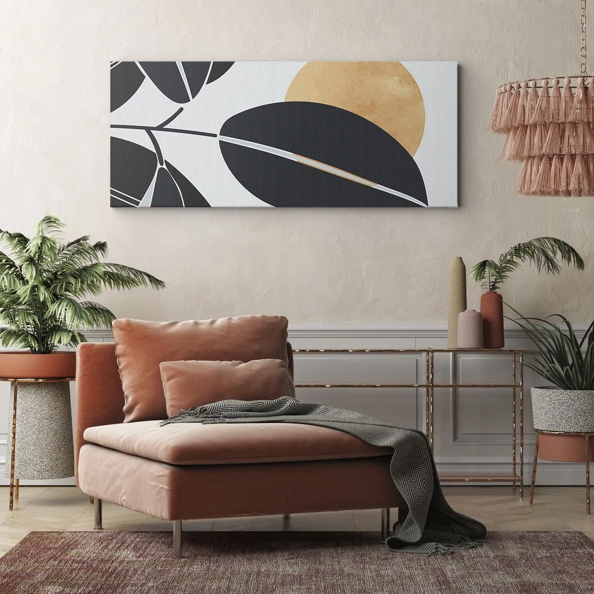Cuadro sobre lienzo - Impresión de Imagen - Un motivo de hojas minimalista con un sol brillante en el fondo. - 120x50cm - Un día de verano caluroso - Decoración de pared moderna para salón y dormitorio ARTTOR