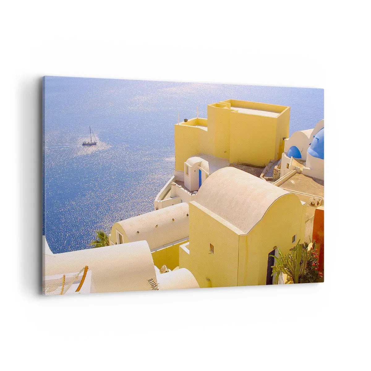 Cuadro sobre lienzo - Impresión de Imagen - Arquitectura griega con vistas al mar y un barco al fondo. - 100x70cm - Paisaje griego en blanco y azul - Decoración de pared moderna para salón y dormitorio ARTTOR