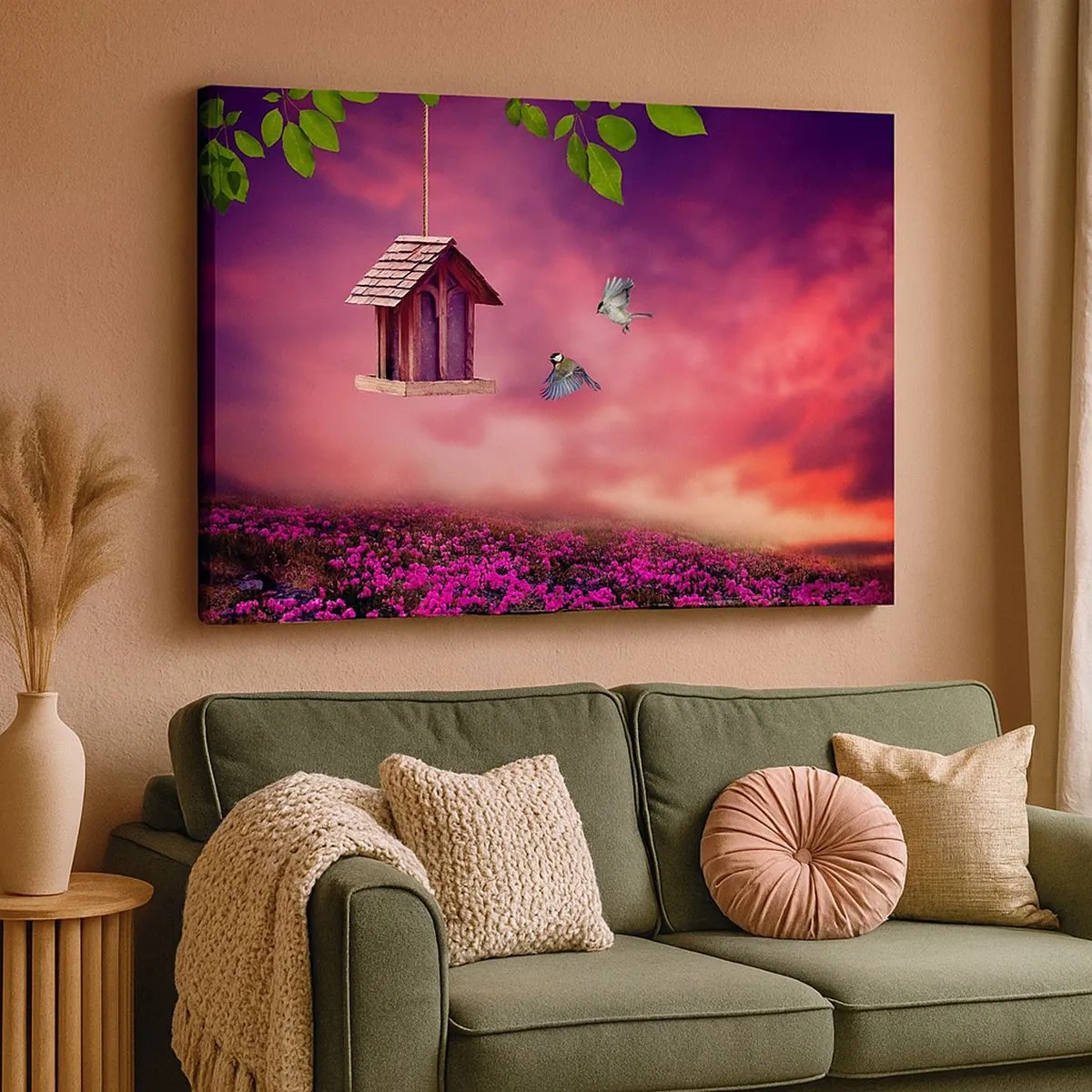 Cuadro sobre lienzo - Impresión de Imagen - Un paisaje pintoresco con una casa para pájaros y una puesta de sol. - 70x50cm - Invitación a una cena - Decoración de pared moderna para salón y dormitorio ARTTOR