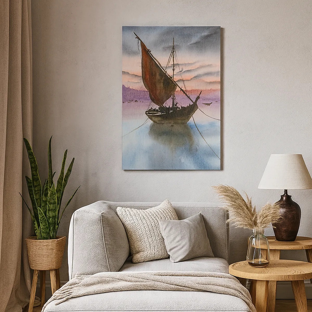 Cuadro sobre lienzo - Impresión de Imagen - Dos veleros amarrados en aguas tranquilas al anochecer - 50x70cm - Atardecer en el puerto - Decoración de pared moderna para salón y dormitorio ARTTOR
