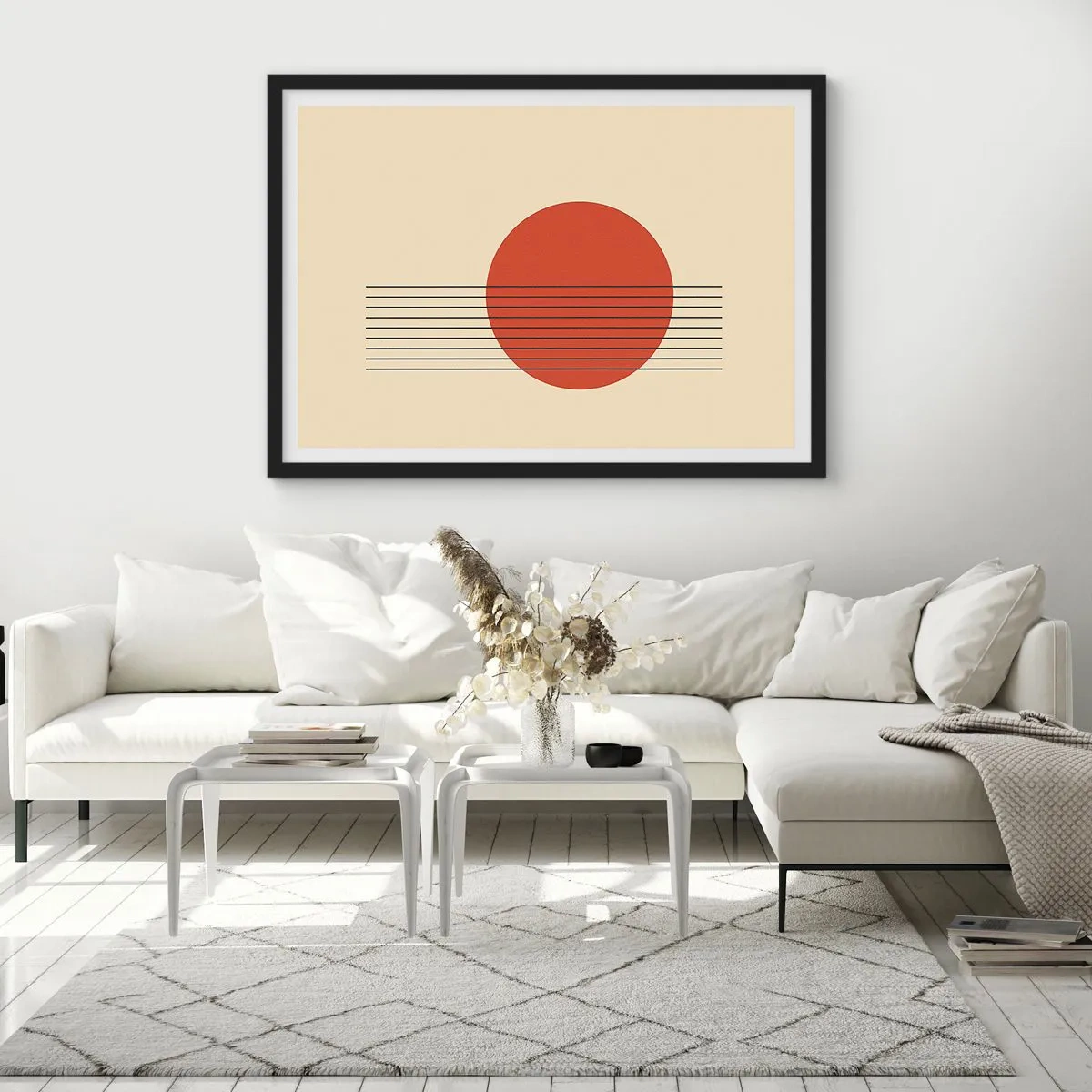 Póster en marco negro - Círculo rojo abstracto con líneas sobre fondo beige. - 100x70cm - Cruzando el círculo - Decoración de pared moderna para salón y dormitorio ARTTOR