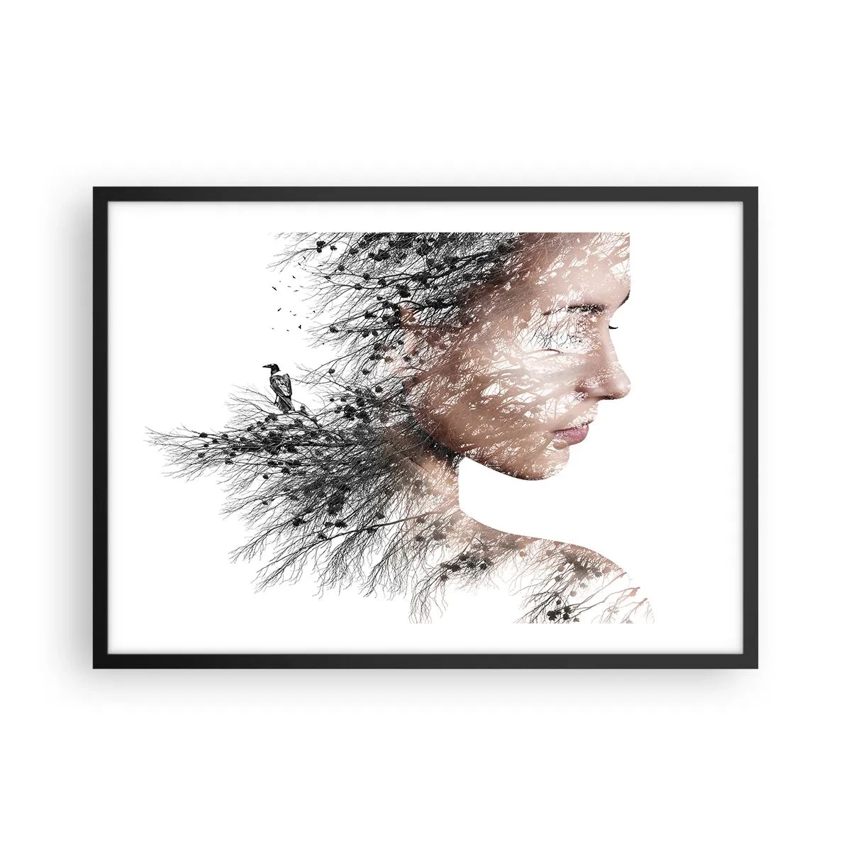 Póster en marco negro - Silueta de una mujer con una rama y un motivo de pájaro en el fondo. - 70x50cm - Espíritu del bosque - Decoración de pared moderna para salón y dormitorio ARTTOR