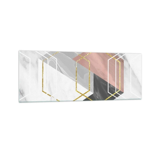 Cuadro sobre vidrio - Impresiones sobre Vidrio - Figuras geométricas con acentos dorados y de mármol. - 140x50cm - Composición en cadena - Decoración de pared moderna para salón y dormitorio ARTTOR