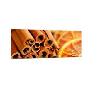 Cuadro sobre vidrio - Impresiones sobre Vidrio - Palitos de canela con rodajas de naranja secas en colores cálidos - 140x50cm - ¿Puedes oler su aroma? - Decoración de pared moderna para salón y dormitorio ARTTOR