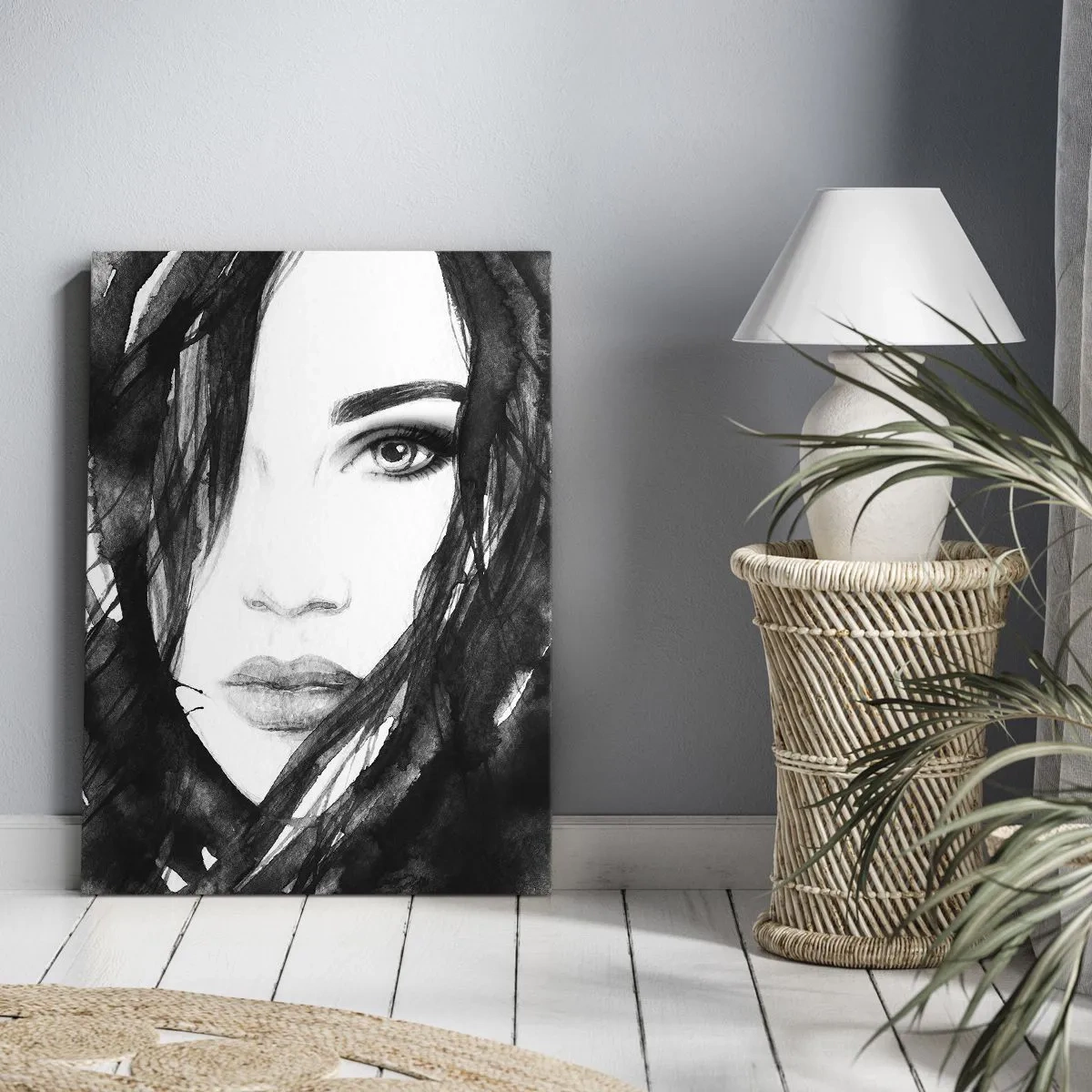 Cuadro sobre lienzo - Impresión de Imagen - Retrato de una mujer en acuarela en blanco y negro - 50x70cm - Retrato de una dama en blanco y negro - Decoración de pared moderna para salón y dormitorio ARTTOR