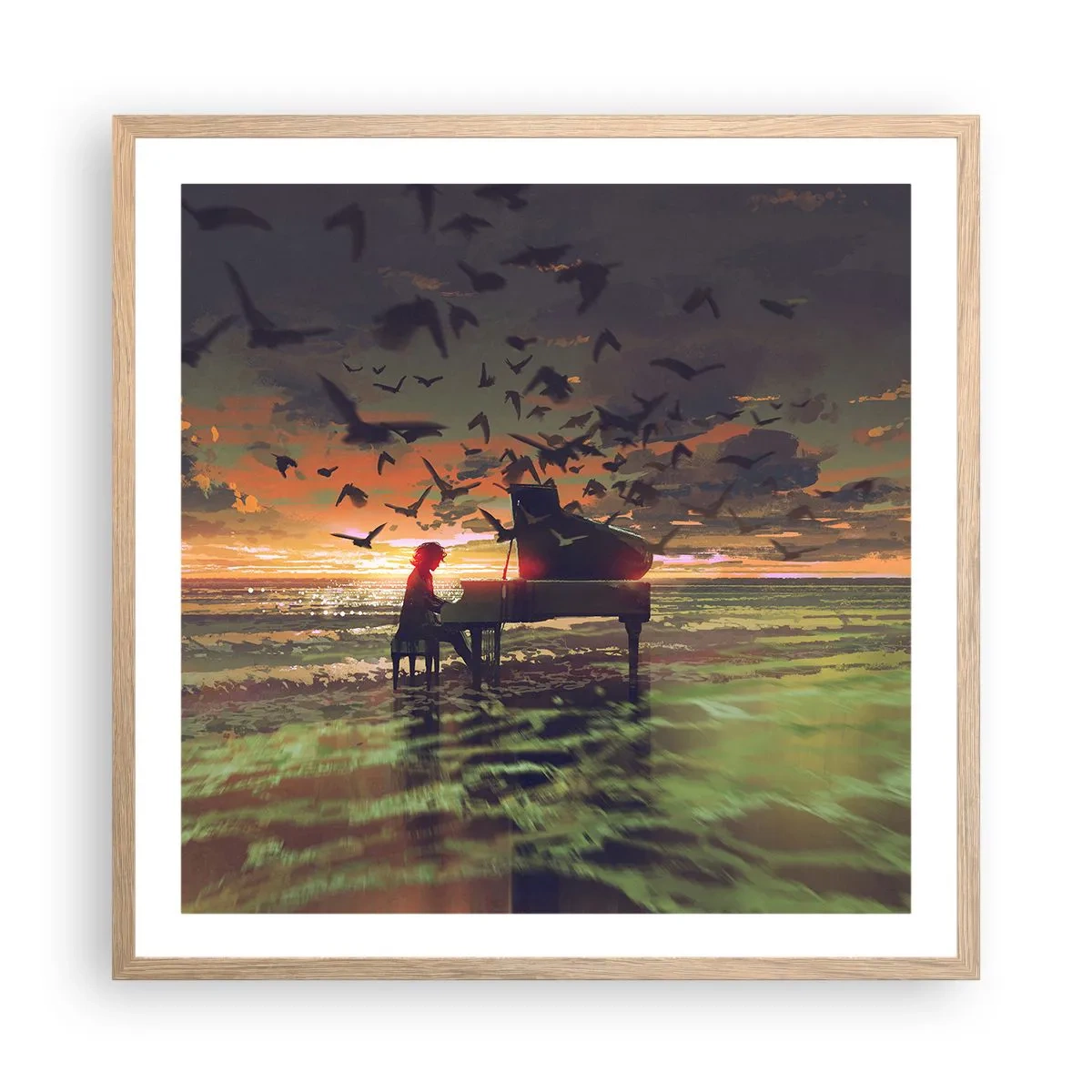 Póster en marco roble claro - Concierto de piano y olas - 60x60 cm