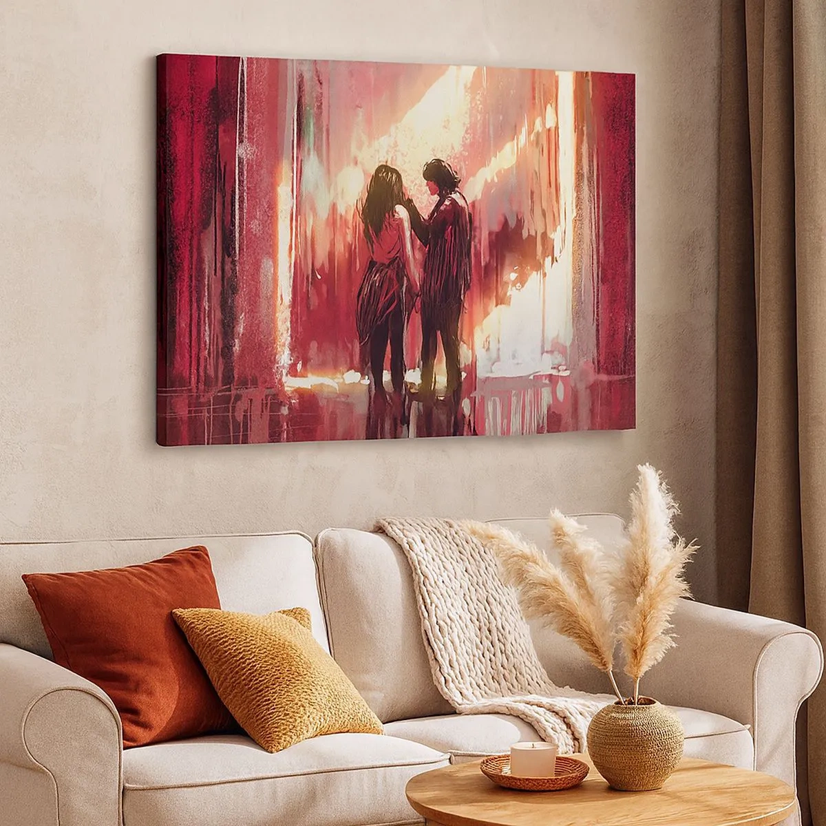 Cuadro sobre lienzo - Impresión de Imagen - Una pareja de pie bajo una luz cálida contra un fondo de patrones abstractos. - 70x50cm - El eterno espectáculo del amor - Decoración de pared moderna para salón y dormitorio ARTTOR