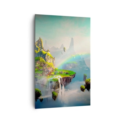 Cuadro sobre lienzo - Impresión de Imagen - Islas voladoras entre las nubes con un arcoíris en el horizonte. - 80x120cm - El medio de la nada - islas flotantes - Decoración de pared moderna para salón y dormitorio ARTTOR