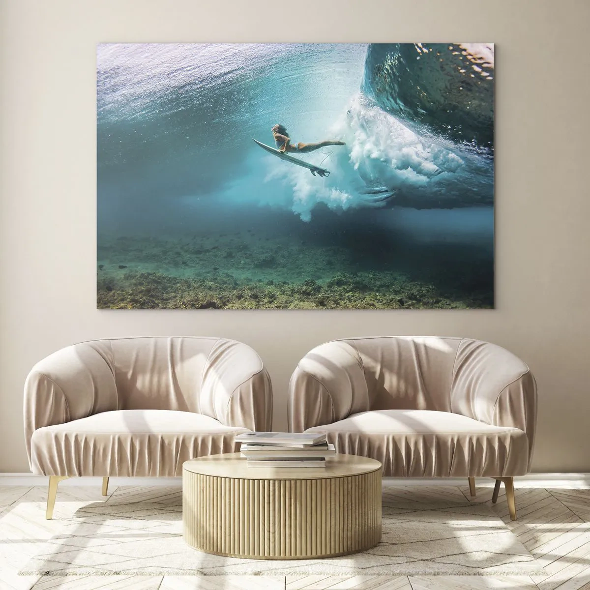 Cuadro sobre vidrio - Impresiones sobre Vidrio - Surfista bajo el agua entre las olas con una tabla de surf - 120x80cm - Mundo submarino - Decoración de pared moderna para salón y dormitorio ARTTOR