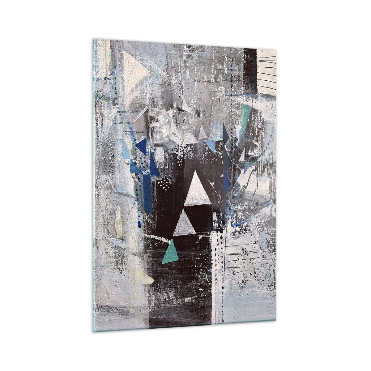 Cuadro sobre vidrio - Impresiones sobre Vidrio - Triángulos geométricos sobre el fondo de una composición abstracta en tonos de gris. - 50x70cm - El orden superior de los triángulos - Decoración de pared moderna para salón y dormitorio ARTTOR