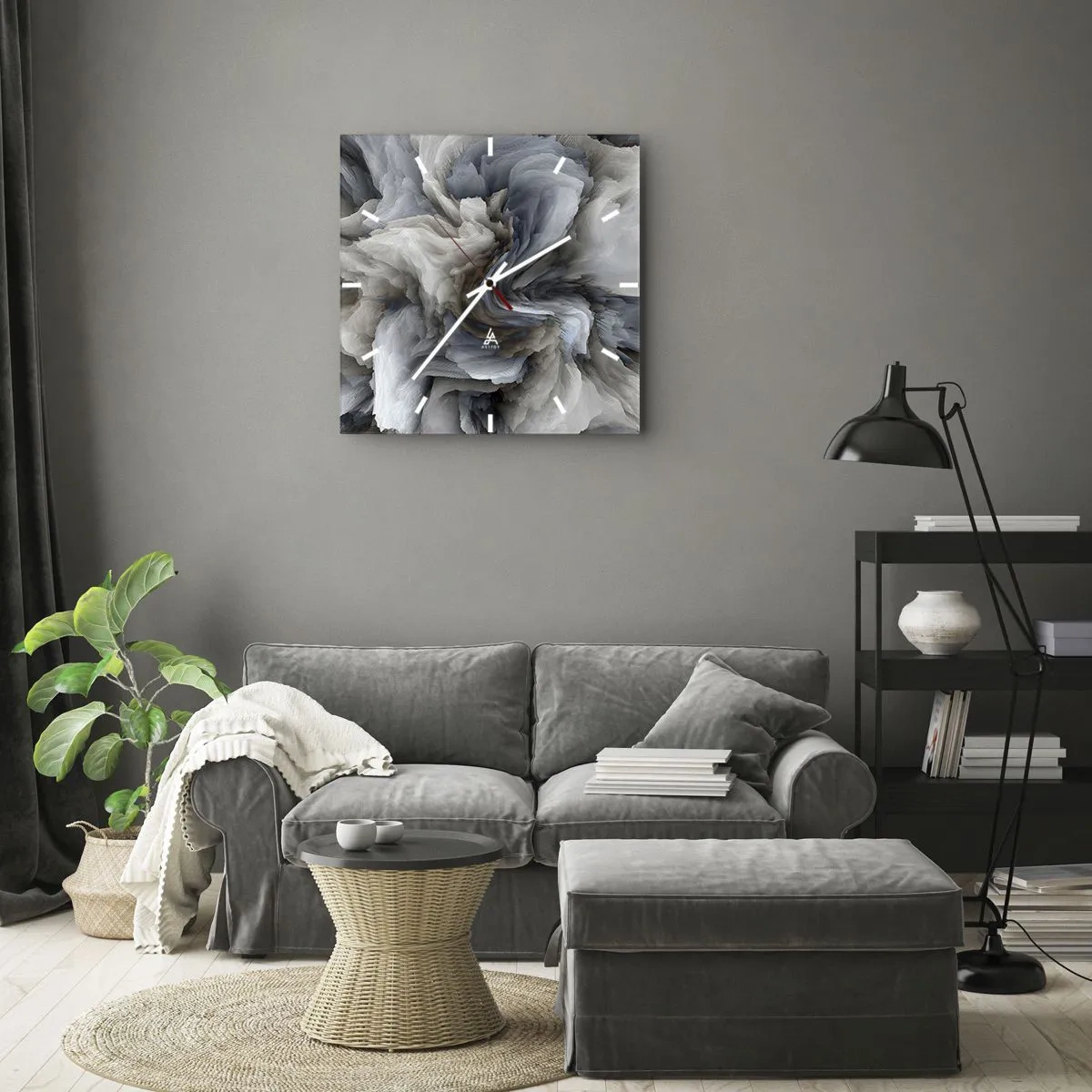 Reloj de pared - Reloj de vidrio - Remolino abstracto en tonos de gris y azul. - 30x30cm - Piedra y flor - Decoración de pared moderna para salón y dormitorio ARTTOR