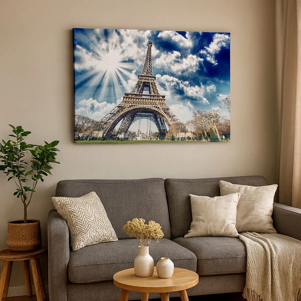 Cuadro sobre lienzo - Impresión de Imagen - La Torre Eiffel contra un cielo soleado con nubes. - 70x50cm - Única bajo el sol - Decoración de pared moderna para salón y dormitorio ARTTOR