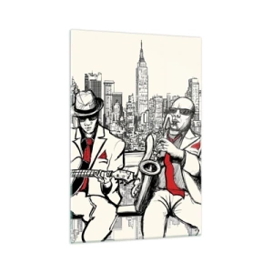 Cuadro sobre vidrio - Impresiones sobre Vidrio - Un dúo de jazz con saxofón y guitarra con la ciudad como telón de fondo. - 70x100cm - Improvisación en Nueva York - Decoración de pared moderna para salón y dormitorio ARTTOR