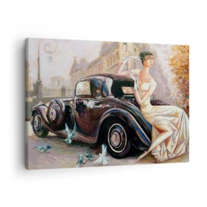 Cuadro sobre lienzo - Impresión de Imagen - Mujer retro junto a un coche clásico - 70x50cm - Elegancia retro - Decoración de pared moderna para salón y dormitorio ARTTOR