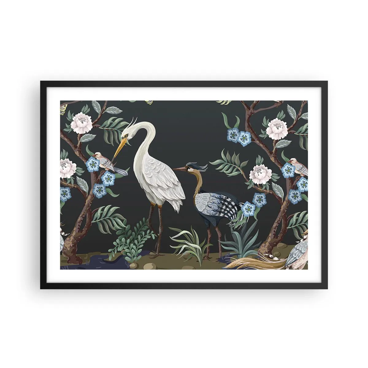 Póster en marco negro - Pájaros y plantas pintados sobre un fondo oscuro con un patrón elegante. - 70x50cm - Desfile de aves - Decoración de pared moderna para salón y dormitorio ARTTOR