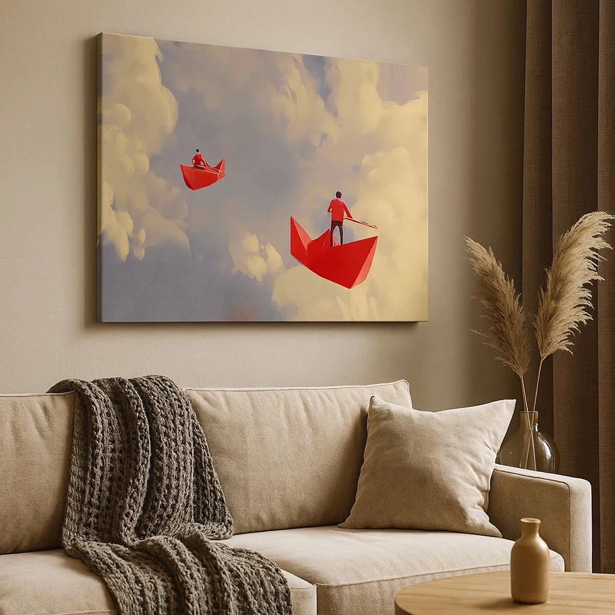 Cuadro sobre lienzo - Impresión de Imagen - Barquitos de papel rojos flotando en las nubes - 70x50cm - El viaje de un soñador - Decoración de pared moderna para salón y dormitorio ARTTOR