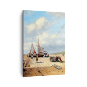 Cuadro sobre lienzo - Impresión de Imagen - Barcos de pesca en la playa con figuras humanas - 50x70cm - Después de una pesca exitosa - Decoración de pared moderna para salón y dormitorio ARTTOR