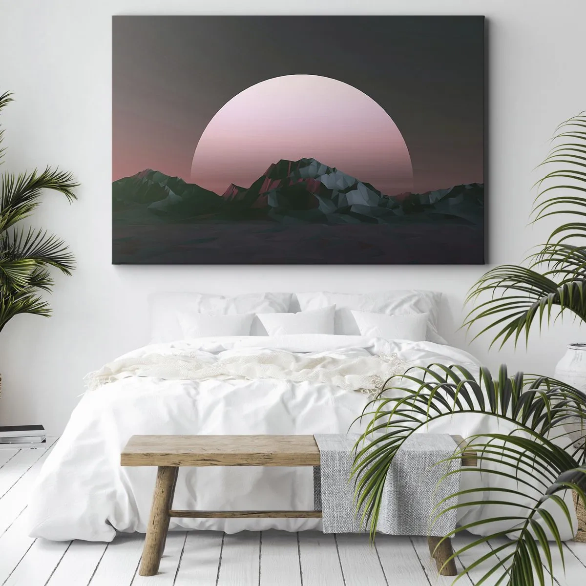 Cuadro sobre lienzo - Impresión de Imagen - Montañas geométricas con el sol poniente al fondo - 120x80cm - En una galaxia muy muy lejana - Decoración de pared moderna para salón y dormitorio ARTTOR