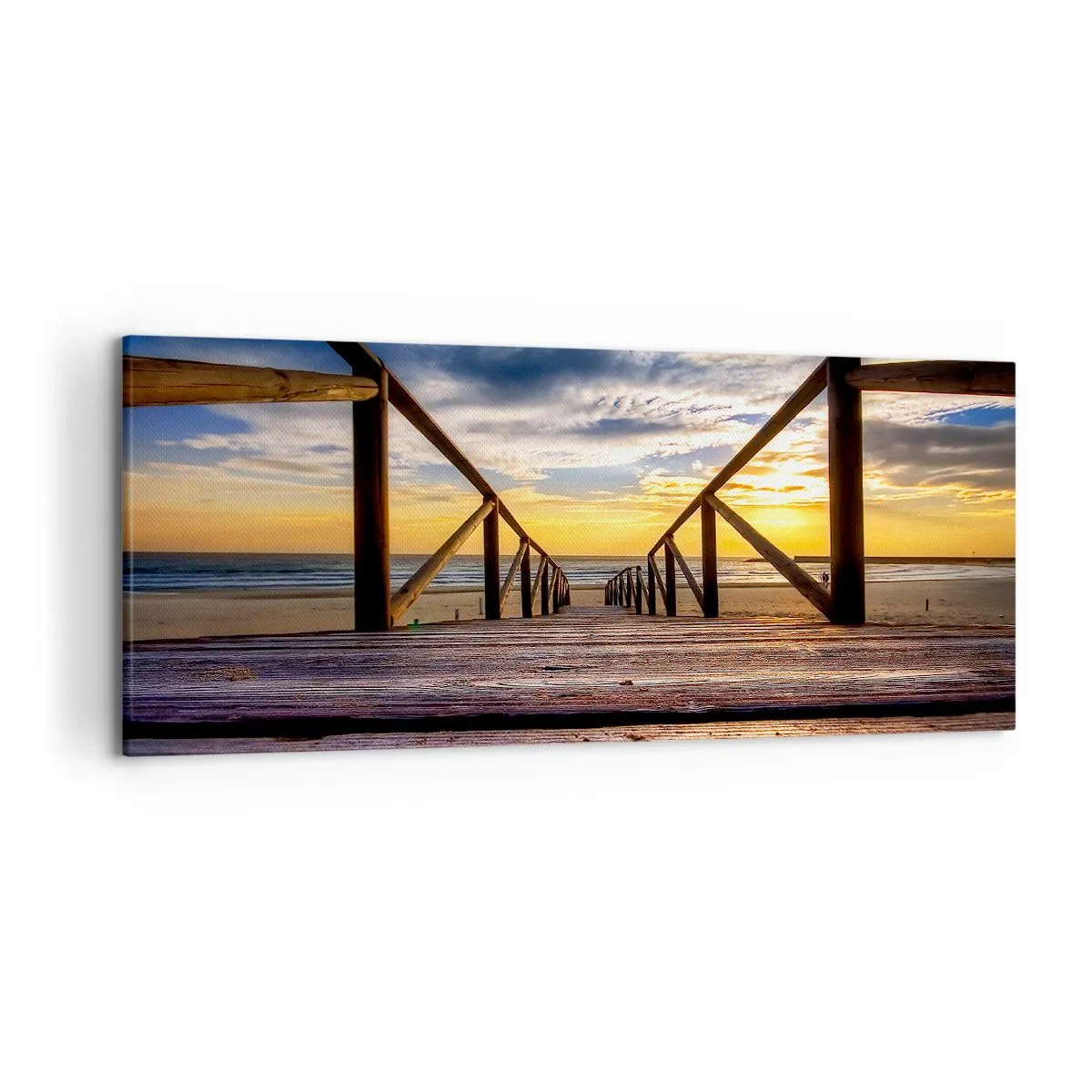 Cuadro sobre lienzo - Impresión de Imagen - Muelle de madera que conduce a la playa al atardecer - 120x50cm - Directamente hacia una playa tranquila al atardecer - Decoración de pared moderna para salón y dormitorio ARTTOR