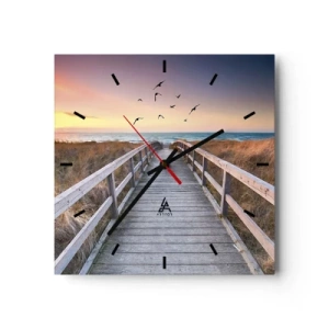 Reloj de pared - Reloj de vidrio - Muelle de madera que conduce a la playa al atardecer - 30x30cm - Camino a lo desconocido - Decoración de pared moderna para salón y dormitorio ARTTOR