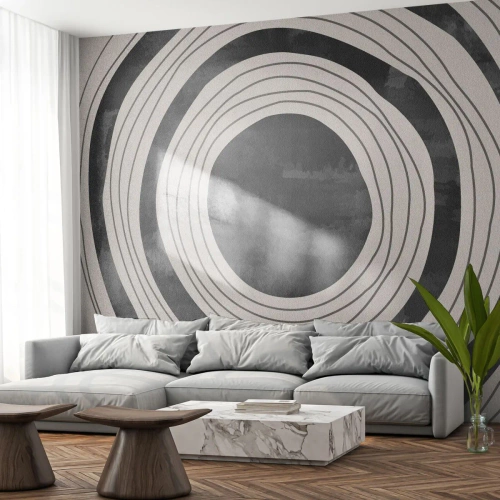 Fotomural Premium Sand - Círculos concéntricos en blanco y negro en un estilo gráfico. - 100x70cm - En el centro mismo - Decoración de pared moderna para salón y dormitorio ARTTOR