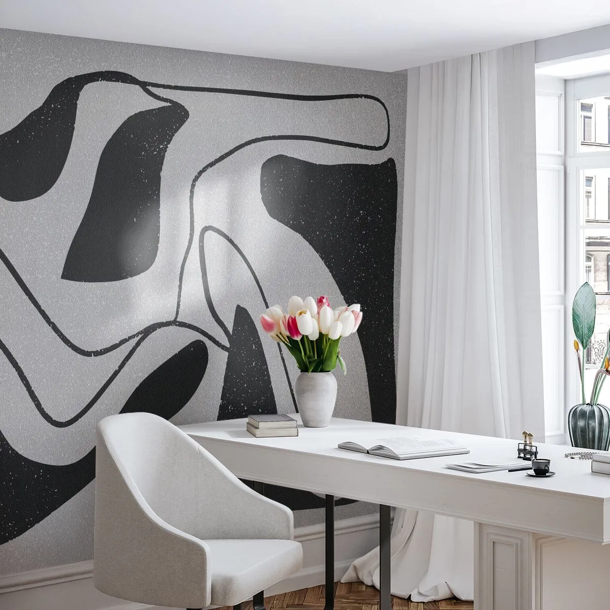 Fotomural Premium Canvas - Abstracción en blanco y negro con formas orgánicas. - 100x70cm - Juego abstracto en un laberinto - Decoración de pared moderna para salón y dormitorio ARTTOR