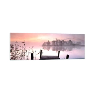 Cuadro sobre vidrio - Impresiones sobre Vidrio - Un embarcadero junto al lago al amanecer con niebla y un cielo pastel. - 160x50cm - De la niebla lila... - Decoración de pared moderna para salón y dormitorio ARTTOR
