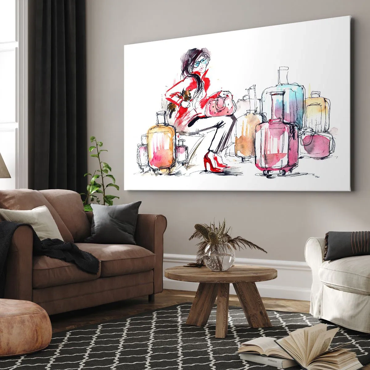 Cuadro sobre lienzo - Impresión de Imagen - Una mujer con maletas en una dinámica ilustración de acuarela. - 70x50cm - Sentémonos antes del viaje - Decoración de pared moderna para salón y dormitorio ARTTOR