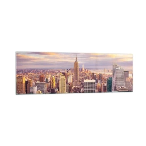 Cuadro sobre vidrio - Impresiones sobre Vidrio - Panorama de una ciudad moderna con rascacielos al atardecer - 160x50cm - Alcanzar las nubes - Decoración de pared moderna para salón y dormitorio ARTTOR