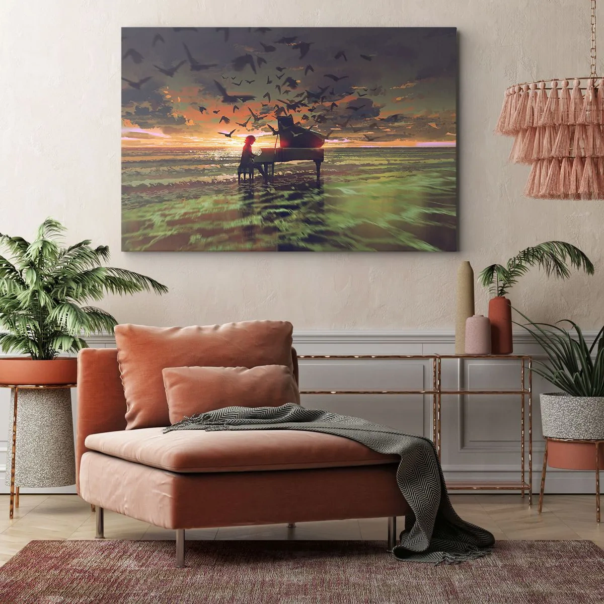 Cuadro sobre lienzo - Impresión de Imagen - Un piano en la orilla del mar al atardecer con pájaros. - 120x80cm - Concierto de piano y olas - Decoración de pared moderna para salón y dormitorio ARTTOR