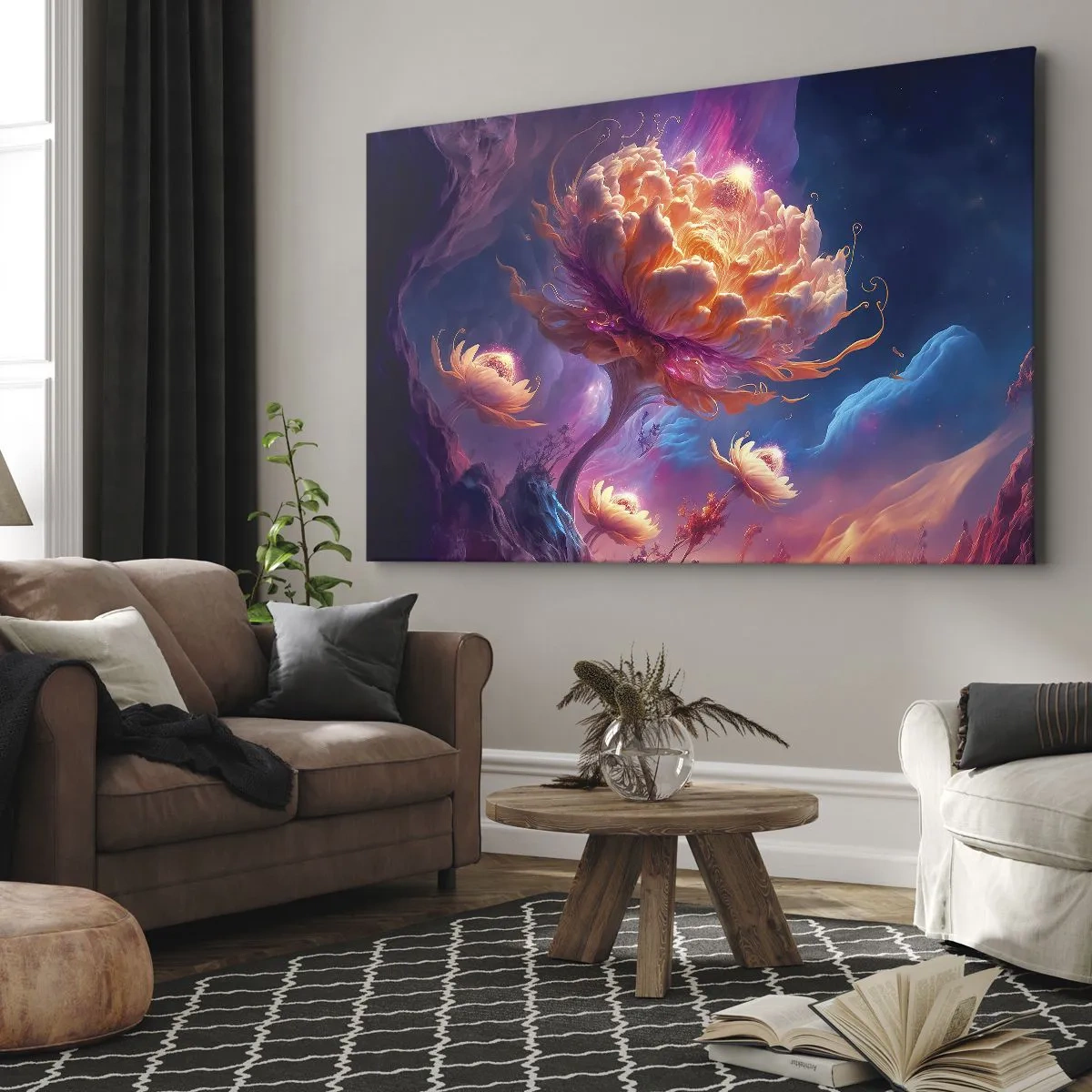 Cuadro sobre lienzo - Impresión de Imagen - Flores de fantasía en un paisaje cósmico. - 70x50cm - Otro mundo - Decoración de pared moderna para salón y dormitorio ARTTOR