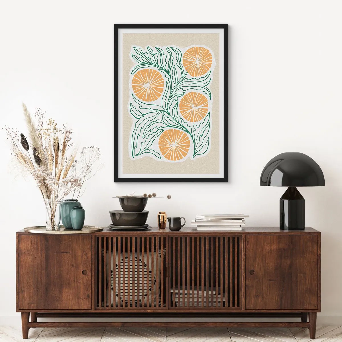 Póster en marco negro - Composición abstracta de hojas y naranjas sobre un fondo beige. - 50x70cm - Étnico con un toque de abstracción - Decoración de pared moderna para salón y dormitorio ARTTOR
