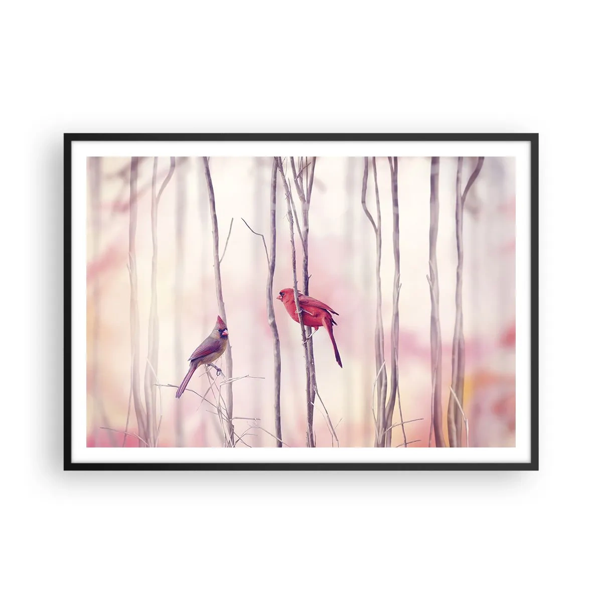 Póster en marco negro - Una pareja de cardenales posados en las ramas en un paisaje pastel. - 100x70cm - Historia de un bosque rosa - Decoración de pared moderna para salón y dormitorio ARTTOR