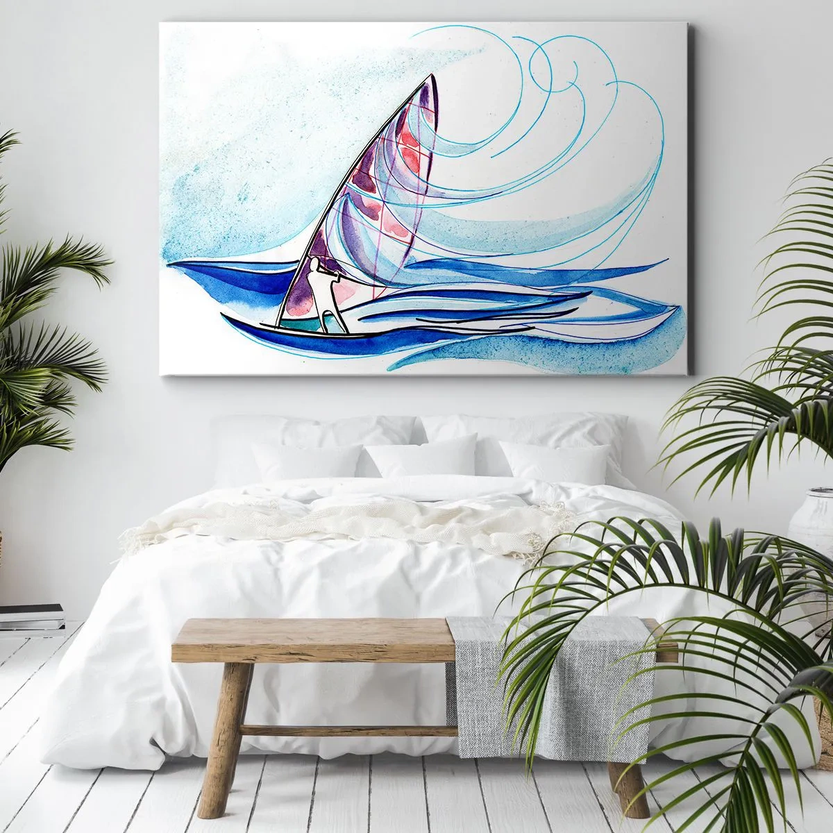 Cuadro sobre lienzo - Impresión de Imagen - Un surfista montando las olas en una composición abstracta de acuarela. - 70x50cm - Con el viento al ritmo de las olas - Decoración de pared moderna para salón y dormitorio ARTTOR