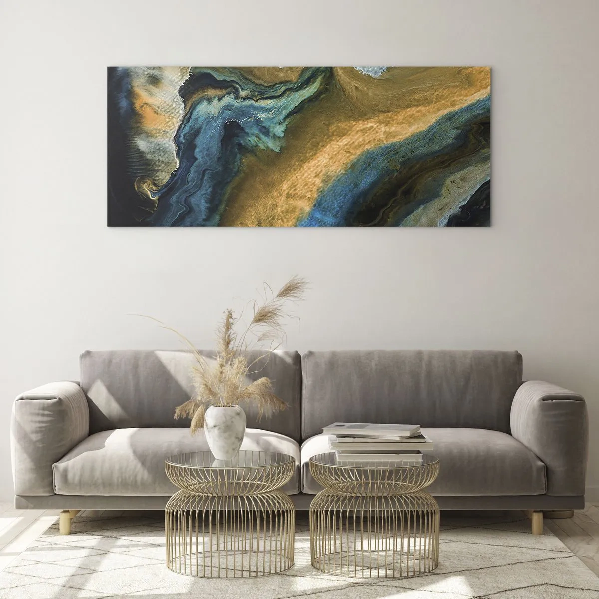 Cuadro sobre vidrio - Impresiones sobre Vidrio - Ondas abstractas en tonos dorados y azules. - 120x50cm - Azul - amarillo - influencia mutua - Decoración de pared moderna para salón y dormitorio ARTTOR