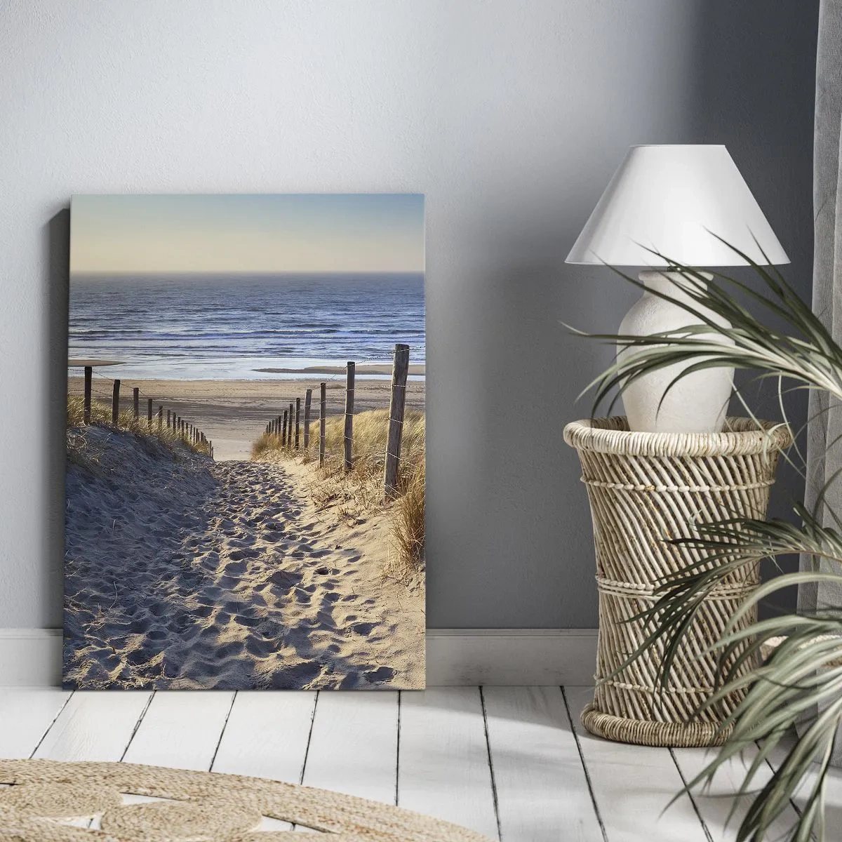 Cuadro sobre lienzo - Impresión de Imagen - Camino a través de las dunas que conduce a la playa. - 50x70cm - El sonido del mar, el canto de los pájaros, una playa virgen entre las dunas... - Decoración de pared moderna para salón y dormitorio ARTTOR