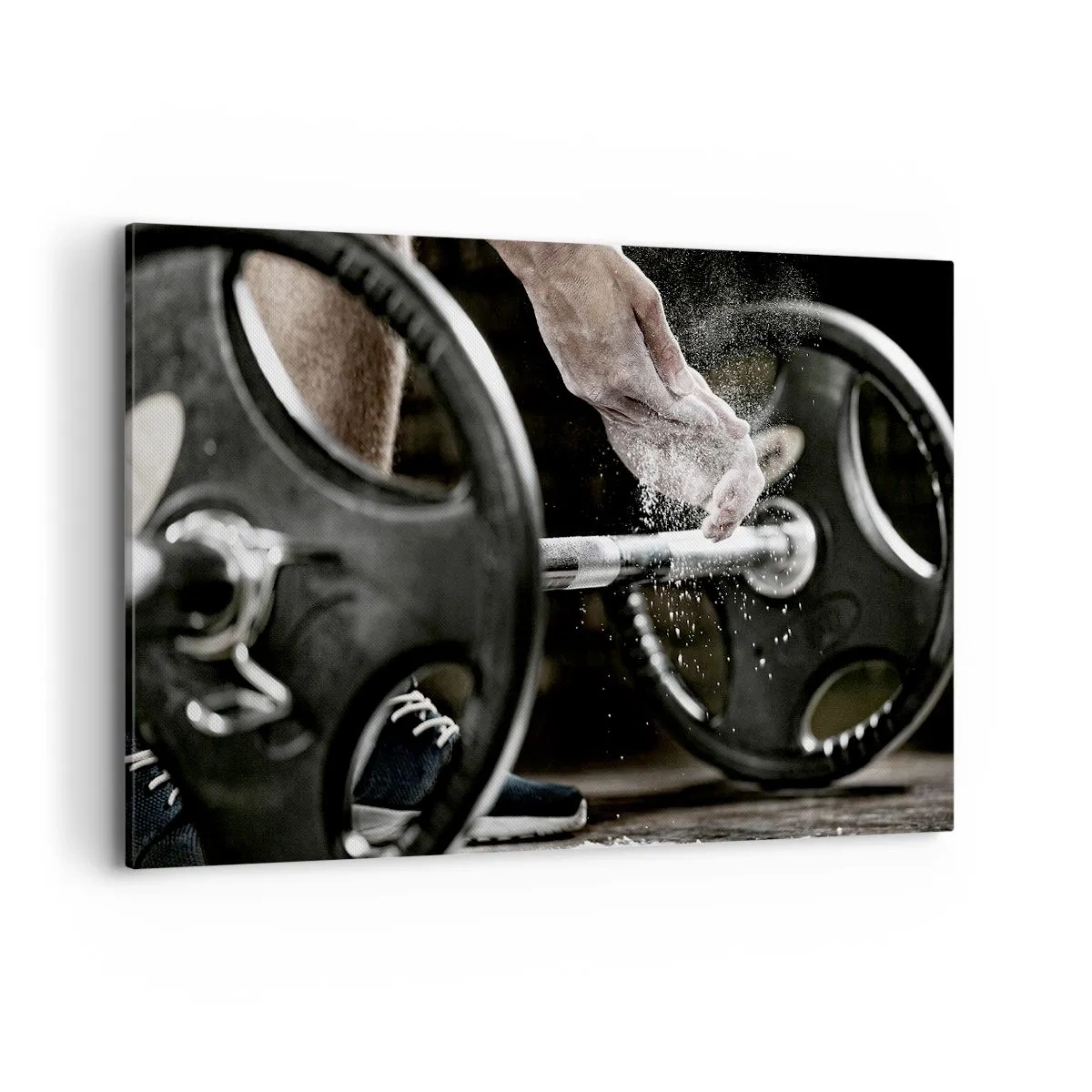 Cuadro sobre lienzo - Impresión de Imagen - Mancuernas y manos de un atleta preparándose para el entrenamiento. - 100x70cm - ¡Reto aceptado! - Decoración de pared moderna para salón y dormitorio ARTTOR