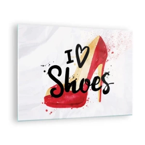 Cuadro sobre vidrio - Impresiones sobre Vidrio - Un tacón alto rojo y la frase "Me encantan los zapatos" sobre un fondo claro. - 70x50cm - El amor tiene más de un nombre - Decoración de pared moderna para salón y dormitorio ARTTOR