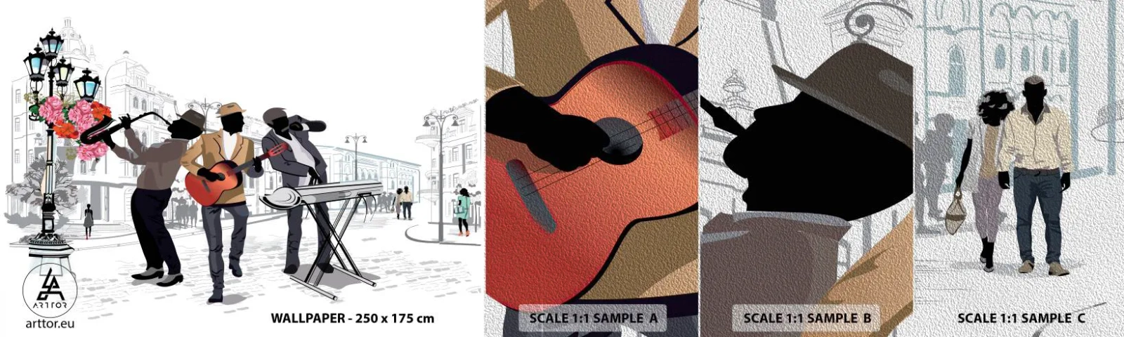 Muestra de fotomural Premium Sand - Música de la calle - Música, Guitarra, Banda - 100x30 cm