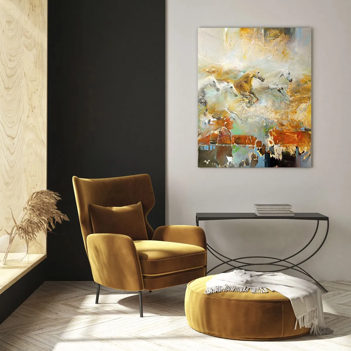Cuadro sobre vidrio - Impresiones sobre Vidrio - Caballos abstractos en movimiento dinámico - 50x70cm - Galopando a través de la luz - Decoración de pared moderna para salón y dormitorio ARTTOR