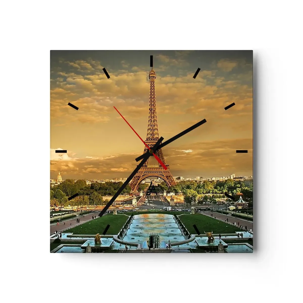 Reloj de pared - Reloj de vidrio - La Torre Eiffel en París al atardecer - 30x30cm - Reina de París - Decoración de pared moderna para salón y dormitorio ARTTOR