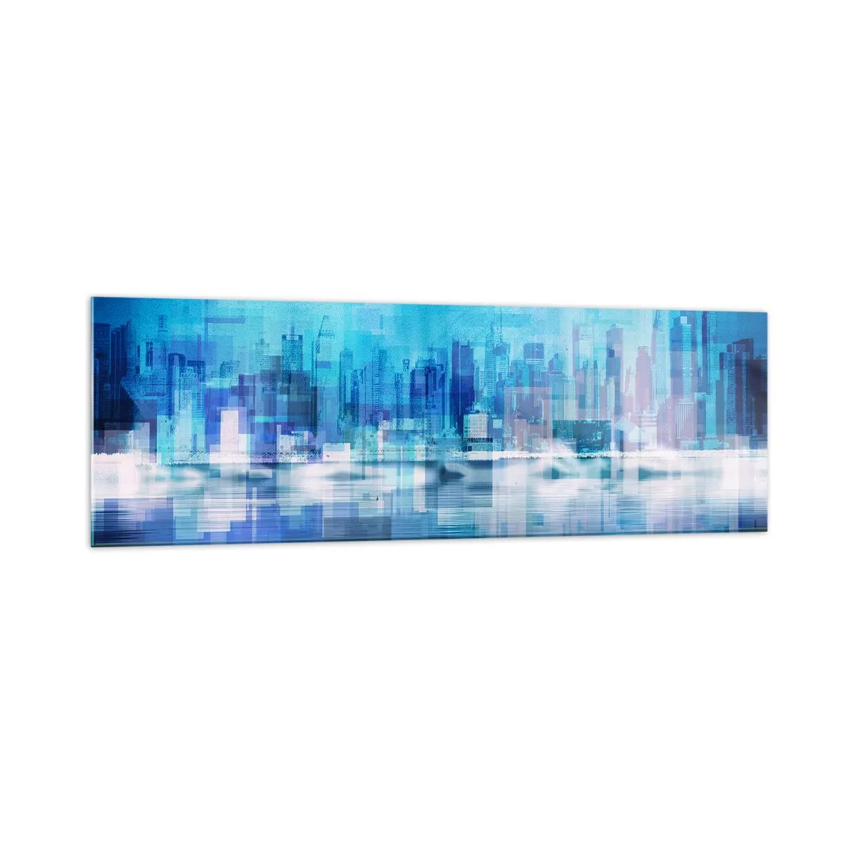 Cuadro sobre vidrio - Impresiones sobre Vidrio - Panorama abstracto de la ciudad en tonos azules - 160x50cm - La urbe azul - Decoración de pared moderna para salón y dormitorio ARTTOR