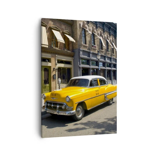Cuadro sobre lienzo - Impresión de Imagen - Un taxi amarillo en una calle bordeada de casas de vecindad. - 50x70cm - Érase una vez en América - Decoración de pared moderna para salón y dormitorio ARTTOR