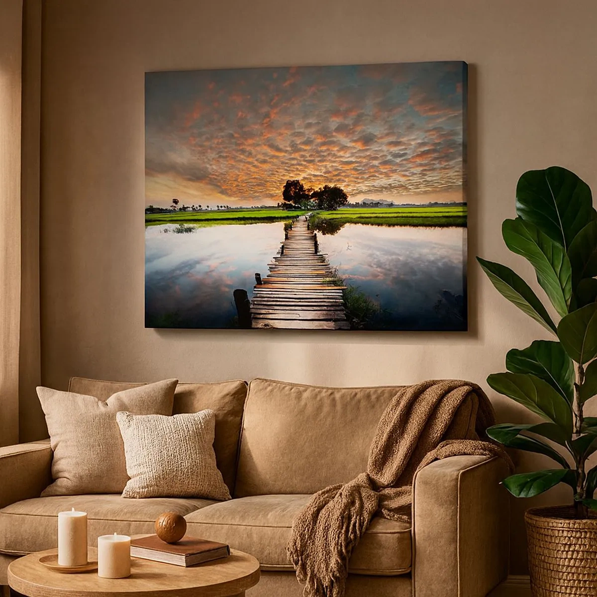 Cuadro sobre lienzo - Impresión de Imagen - Puente de madera sobre el agua al atardecer - 70x50cm - Extiende tus brazos - respira  - Decoración de pared moderna para salón y dormitorio ARTTOR