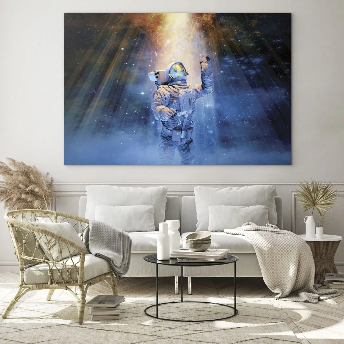 Cuadro sobre vidrio - Impresiones sobre Vidrio - Un astronauta en el espacio iluminado por rayos de luz. - 70x50cm - El descubrimiento - Decoración de pared moderna para salón y dormitorio ARTTOR