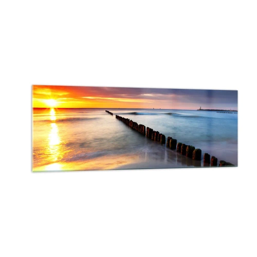 Cuadro sobre vidrio - Impresiones sobre Vidrio - Puesta de sol sobre el mar con un rompeolas en primer plano - 140x50cm - Escuchar el silencio - Decoración de pared moderna para salón y dormitorio ARTTOR