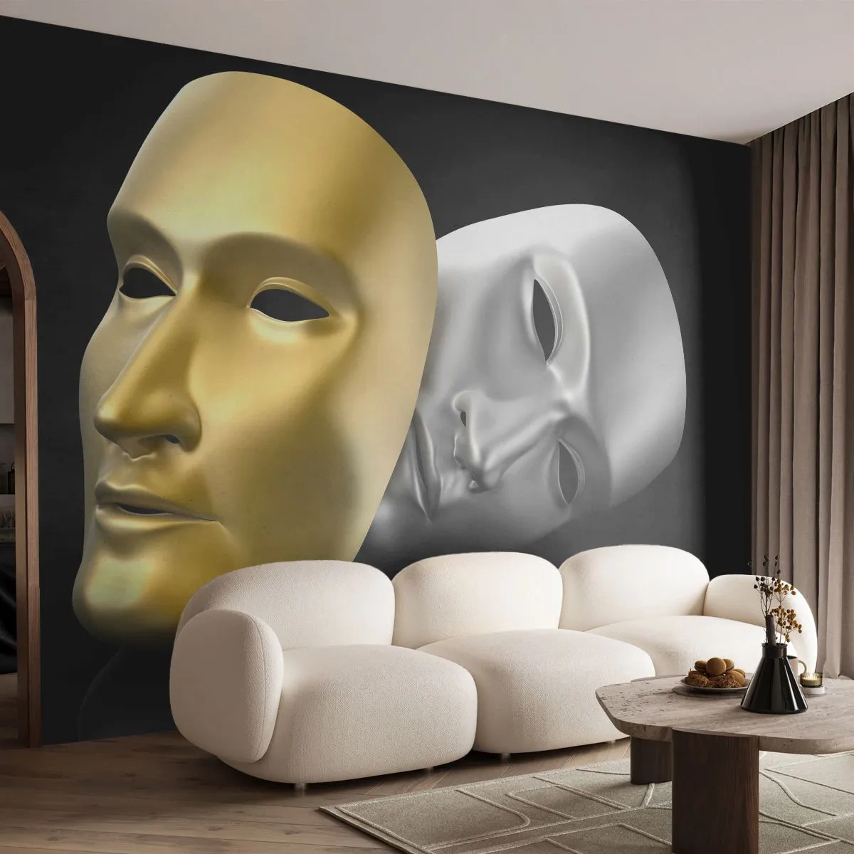Fotomural Premium Sand - Máscara de teatro dorada y plateada sobre fondo negro. - 100x70cm - La vida es un teatro - Decoración de pared moderna para salón y dormitorio ARTTOR