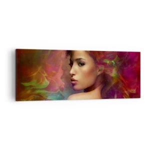 Cuadro sobre lienzo - Impresión de Imagen - Una mujer con reflejos coloridos creando un fondo abstracto. - 140x50cm - Más hermosa que un arco iris, tan delicada como la niebla - Decoración de pared moderna para salón y dormitorio ARTTOR