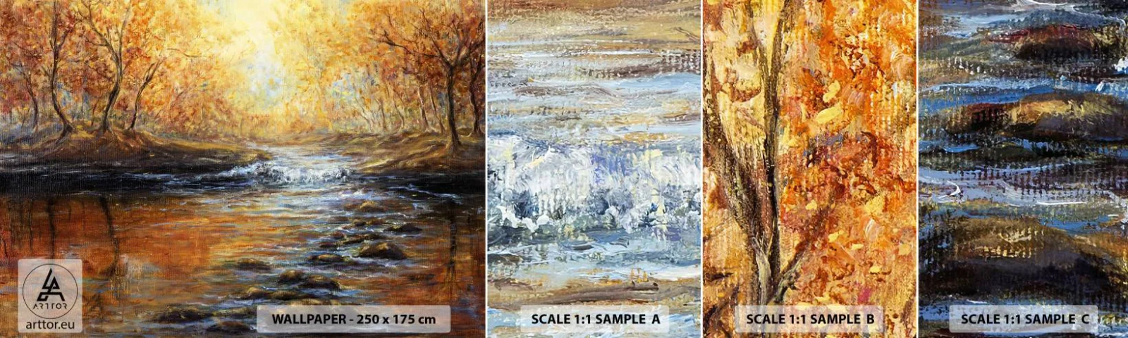 Muestra de fotomural autoadhesivo Deluxe Sticker - Arroyo de oro - Paisaje, Arroyo de montaña, Bosque - 100x30 cm