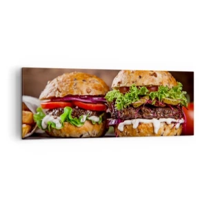 Cuadro sobre lienzo - Impresión de Imagen - Deliciosas hamburguesas con verduras y salsa. - 140x50cm - El sueño americano - Decoración de pared moderna para salón y dormitorio ARTTOR